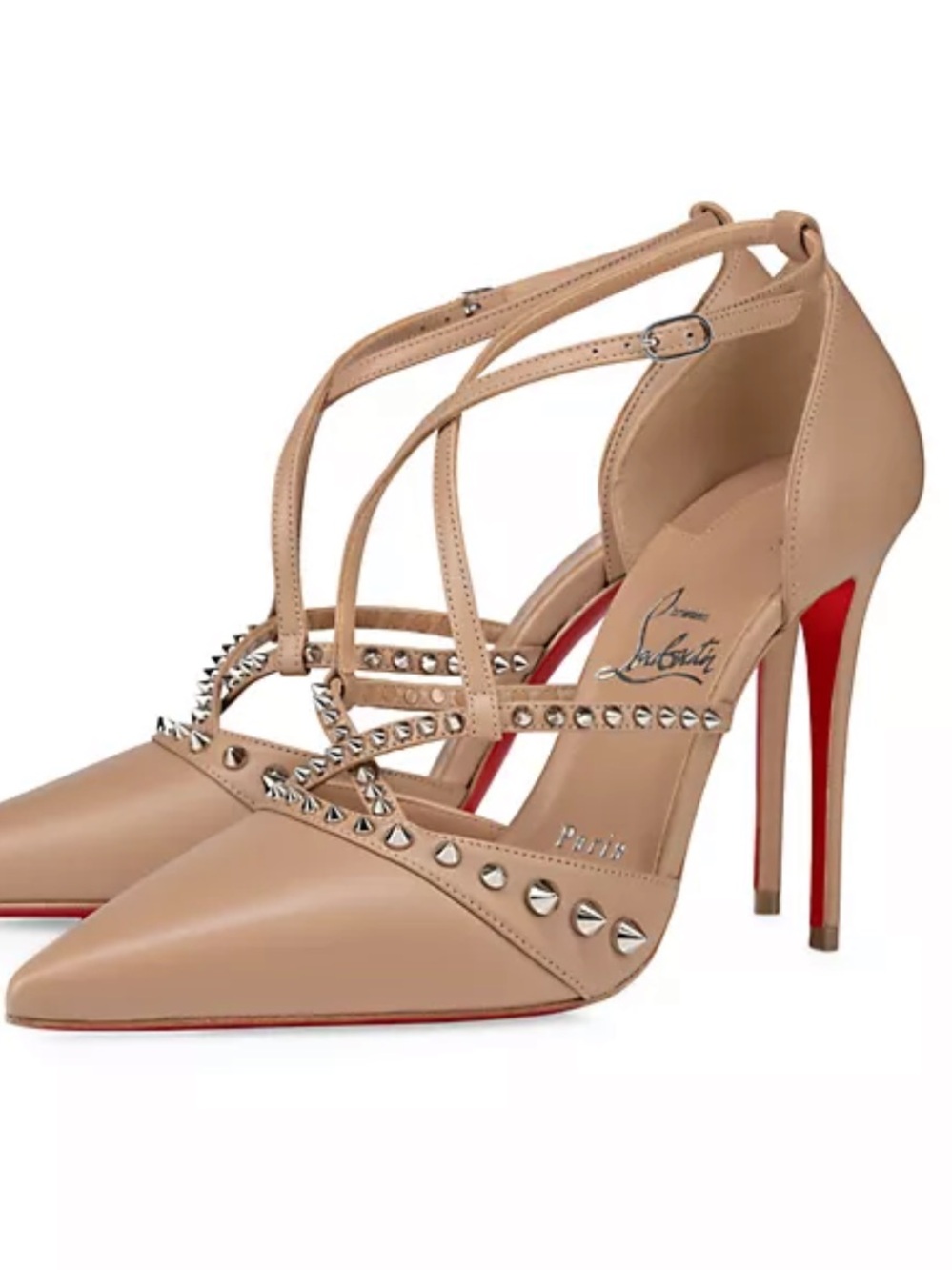 Christian Louboutin Tatooshka Spikes Beige Studded Strappy Pointed-Toe Pumps 100